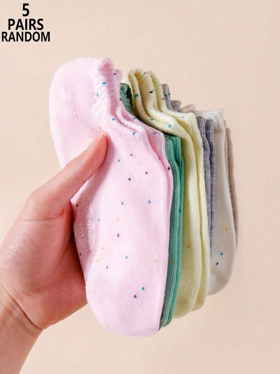 5 Pairs Random Color Women's Polka Dot & Letter Pattern Minimalist Low-Cut Invisible Boat Socks - Multicolor - View 1