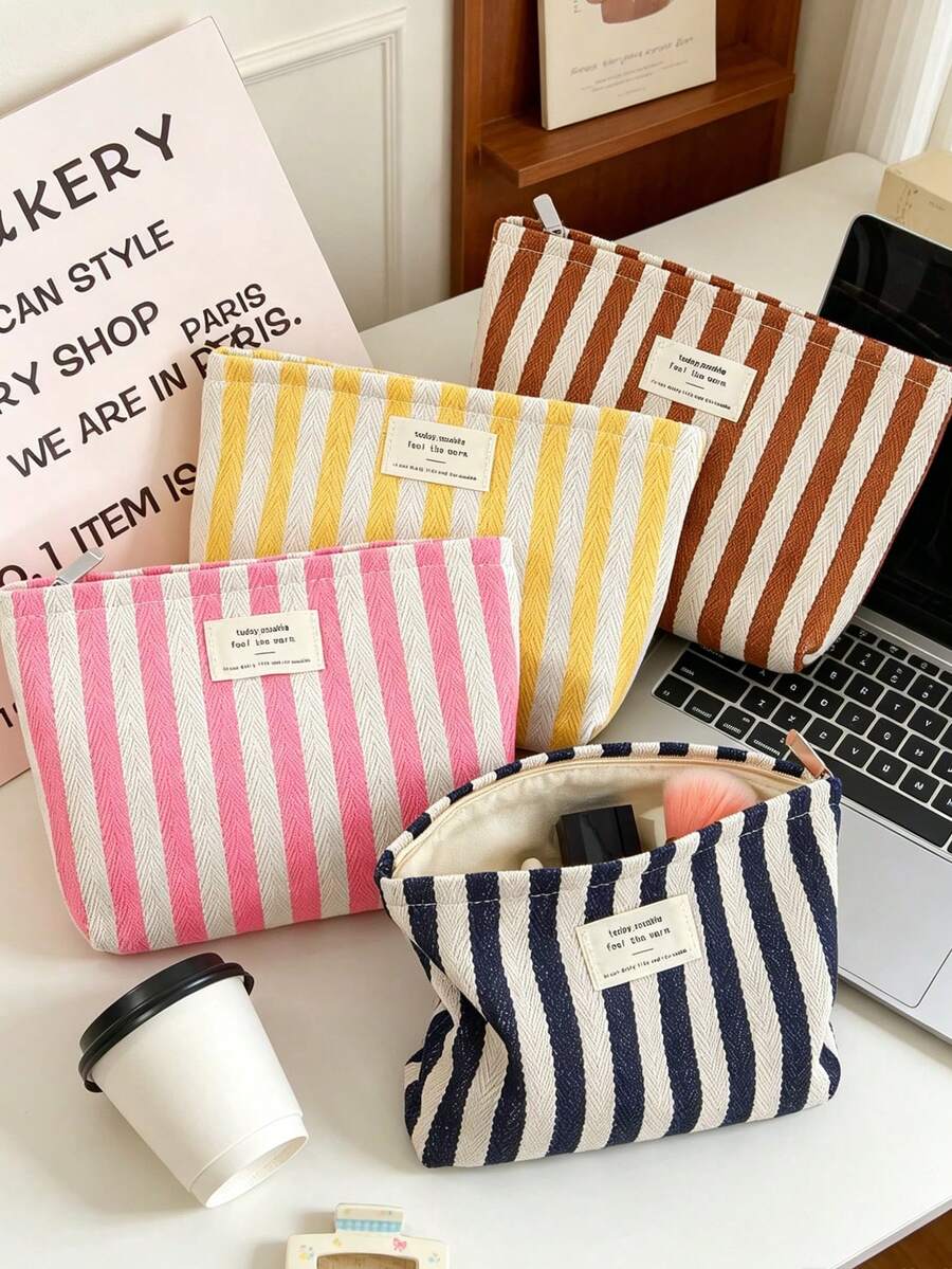 Colorful Strip Makeup Bag Women's Canvas Makeup Clutch Pouch Portable Zipper Cosmetics Bag Travel Toiletry Bag Ins Style Bags And Purses For Women - Multicolor - View 1