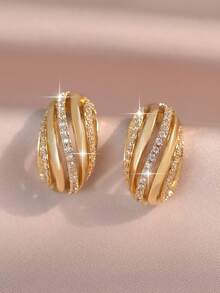 3pairs/2pairs/1pair Luxury Textured Micro Paved Cubic Zirconia Earring Sets, Versatile Gold Plated Copper Jewelry For Bridal Wedding Daily Banquet - Gold - View 12