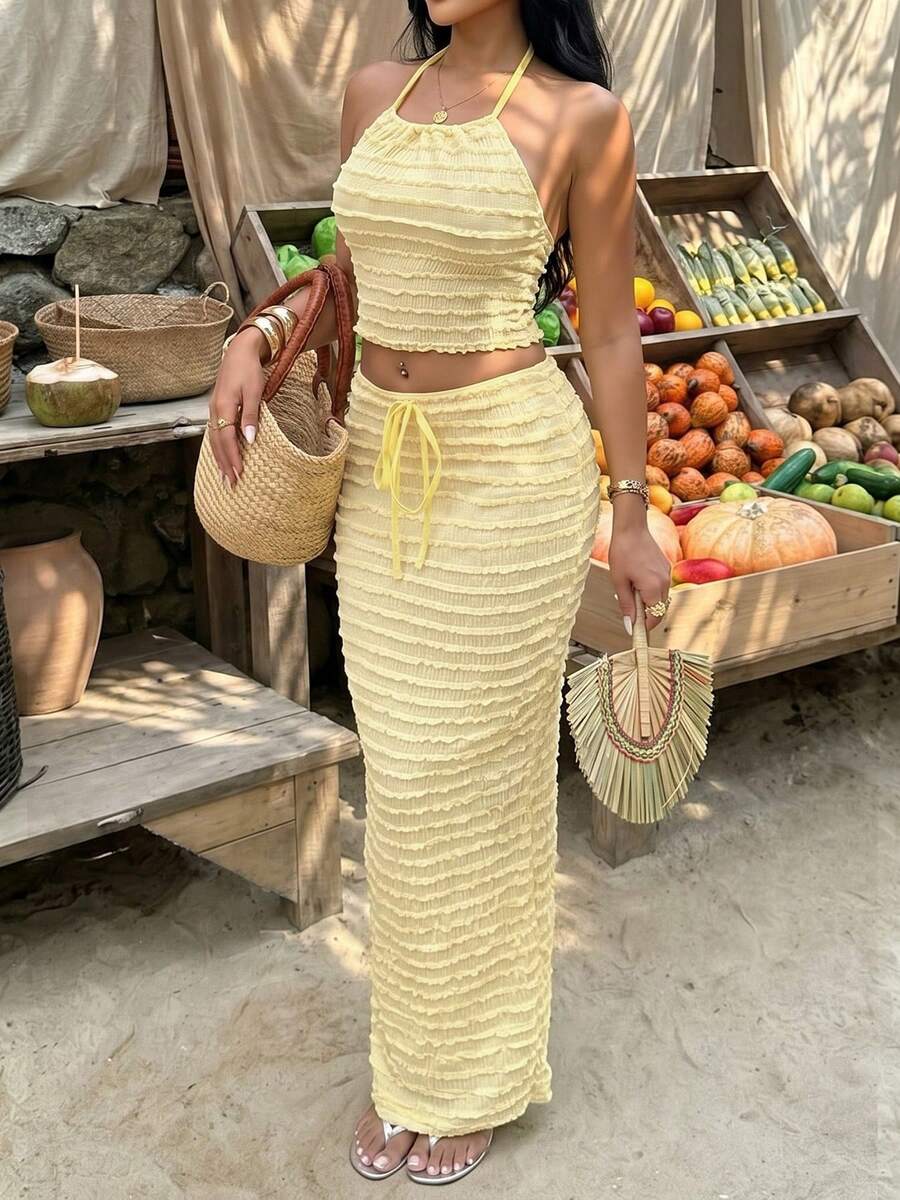DOUCIU 2pcs Solid Color Halter Top & High Waist Maxi Skirt Sets Daily Island Vacation Style - Yellow - View 1