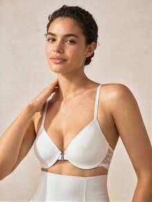 Veilyse 1件白色前扣蕾絲拼接花卉印花露背Bralette，性感鋼圈內衣，女款夏季款 - 白色 - 查看 4