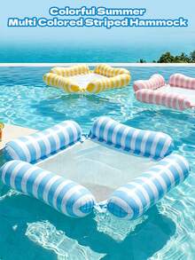 Classic Striped Inflatable Water Hammock Floating Lounge Chair, 4-Sided Air Pillow Mesh Pool Float, Foldable Portable Swimming Raft, Suitable For Beach, Pool, Summer Vacation - Multicolor - View 2