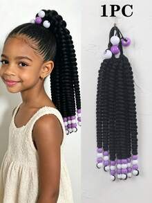 1pc Kids Braided Ponytails For Girls Box Braid Ponytail Hair Extension Synthetic Beads In The End - Black - View 12