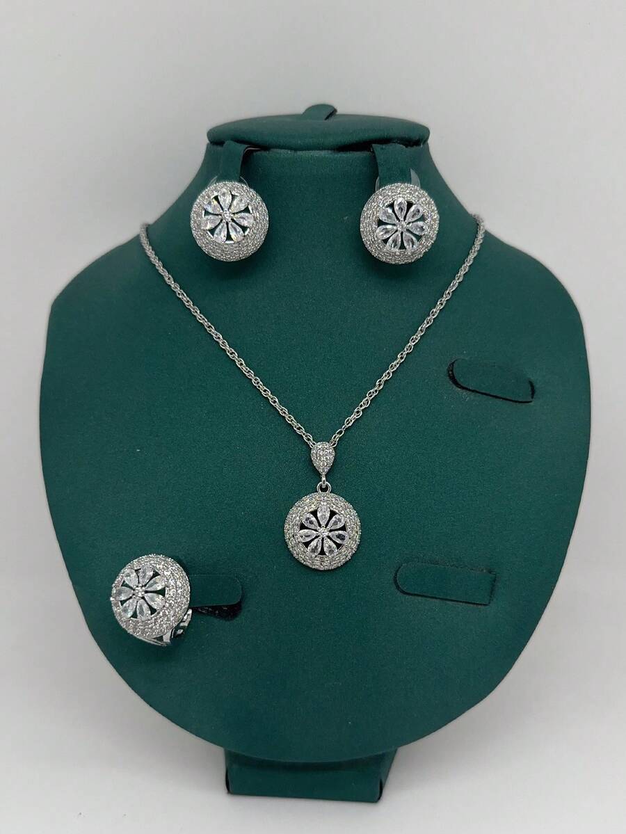 4PCS/Set Luxury Material Copper And Cubic Zirconia Gold And Silver Round Design Necklace, Earrings, Ring Set. Women's Fashion, Elegant, Exquisite Bridal Jewelry Set, Bridal Jewelry, Wedding Accessories, Fashion Jewelry Gift - Silver - View 1