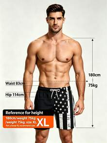 Men's Quick-Dry Flag Print Elastic Waist Drawstring Casual Shorts, Suitable For Summer Vacation, Beach, Pool, Outdoor Sports, Daily Wear, July 4th Independence Day, Recommend Sizing Up For A Loose Fit - Black and White - View 6