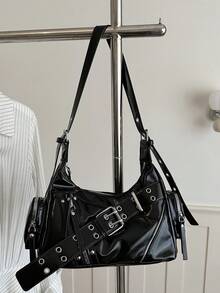 Fashion Women's Bag Studded Motorcycle Bag New Crescent Bag Street Style Versatile Shoulder Bag Underarm Bag - Black - View 5