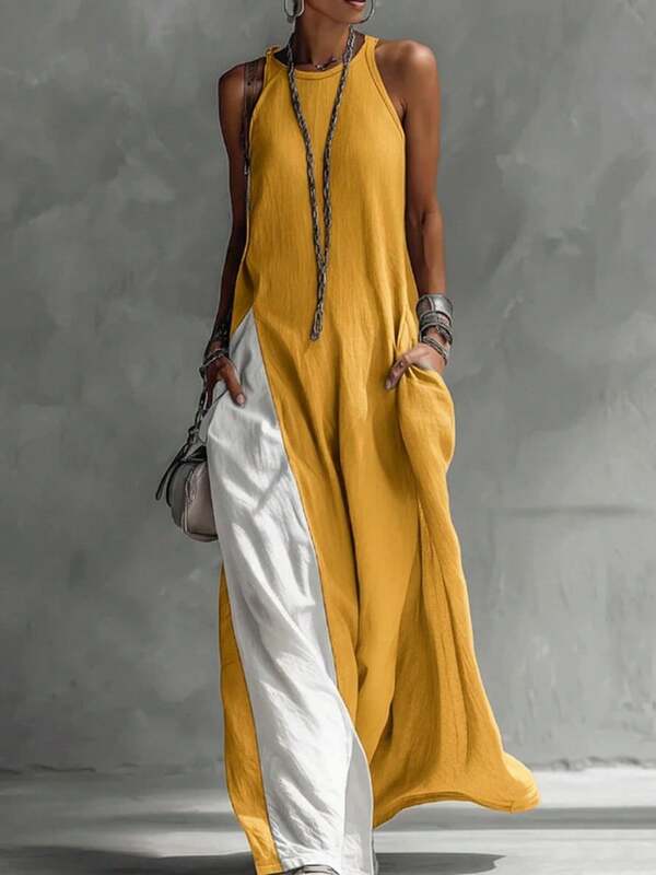 2026 New Women's Sleeveless Loose Pocket Color-Block Casual Off-Shoulder Dress