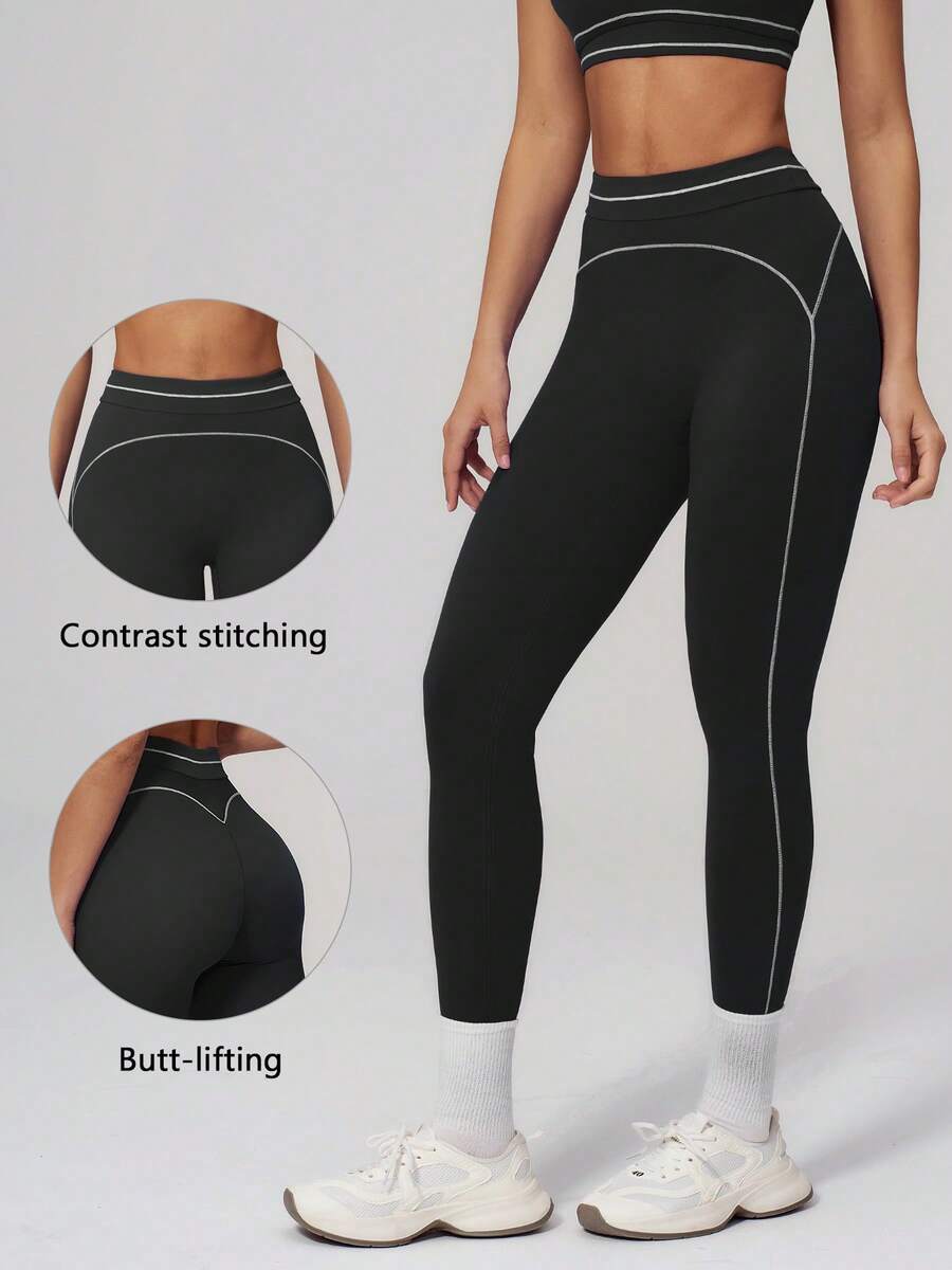 TimeOff Women's 1pc Colorblock White Line Decor High Waist Tummy Control Cropped Sports Long Pants - Black - View 1