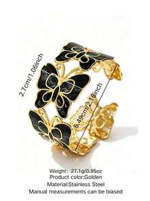 VceTd 1pc Romantic Style Colorful Enamel Butterfly Design Stainless Steel Open Bangle Bracelet For Women, Suitable For Weddings, Elegant Dates, Or Valentine's Day Gift For Loved Ones - Yellow Gold - View 14