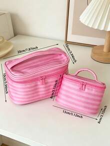 Y2K Cute Makeup Bag With Built-In Mirror Pink Striped Cosmetics Bag Mini & Large Handheld Travel Cosmetic Bag Wash Bag For Lip Gloss Skincare Brushes - Watermelon Pink - View 9