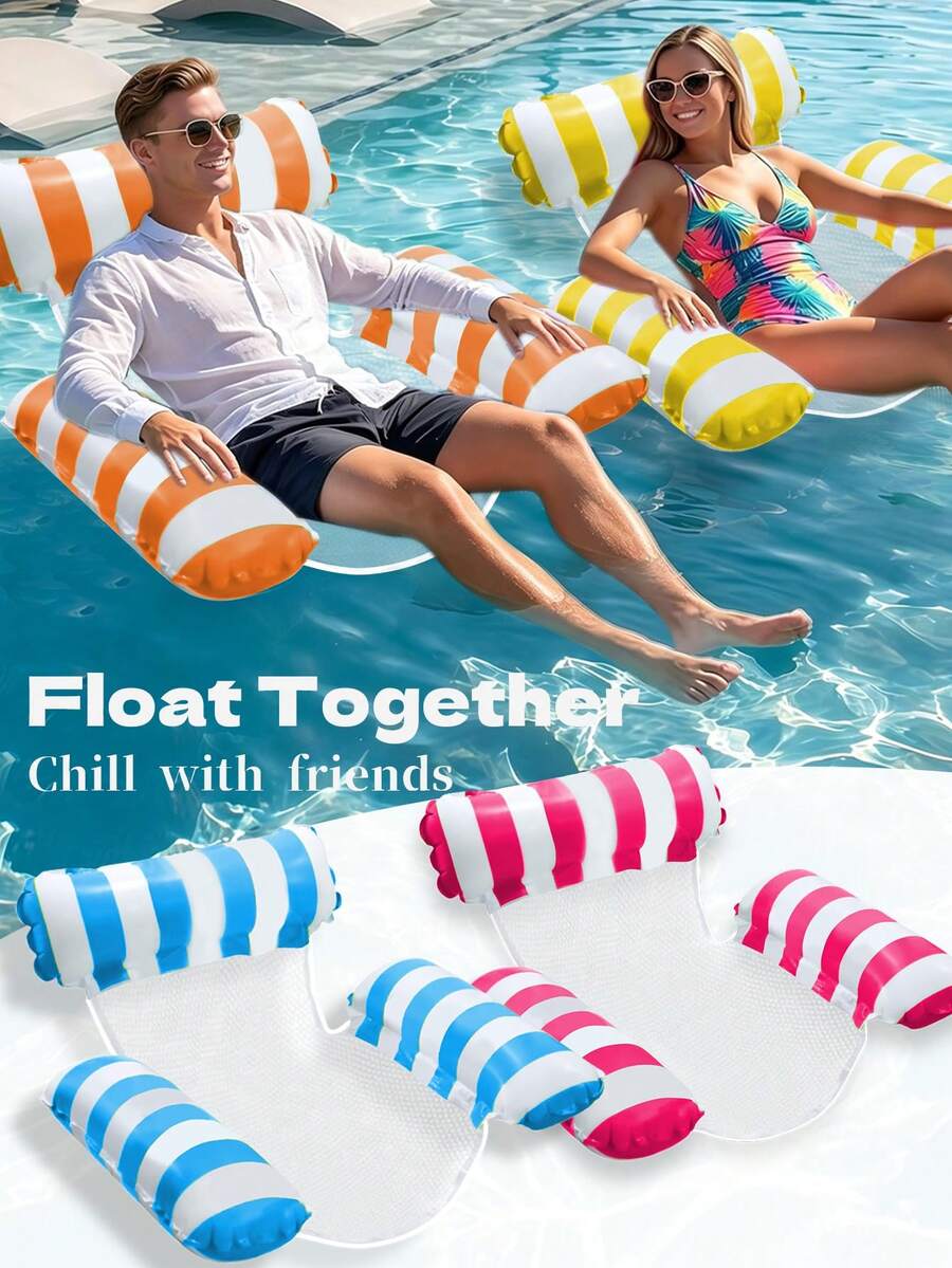 Striped & Tropical Leaf Print Inflatable Water Hammock Float Chair, Adjustable Buckle Pool Floating Lounger With Breathable Mesh, Foldable Portable Swim Raft For Beach Pool Summer Vacation