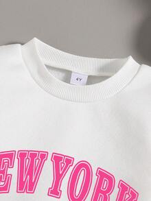 Young Girl Letter Print Long Sleeve Sweatshirt And Cargo Sweatpants Casual Set - White - View 3