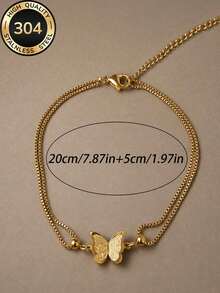 1pc 18K Gold Plated Women's Delicate 3D Butterfly Double Layer Anklet, 304 Stainless Steel, Waterproof, Fade-Resistant, Suitable For Summer Outfits, Beach Vacations, Pool Parties And Daily Wear, Anniversary, Christmas, Holiday Gifts - Anklet - View 3
