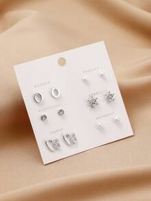 Women Tiny Heart Pineapple Letter Rhinestone Inlaid Pearl Mini Flat Stud Decorative Jewelry Earrings For Daily Styling - 5 - View 4