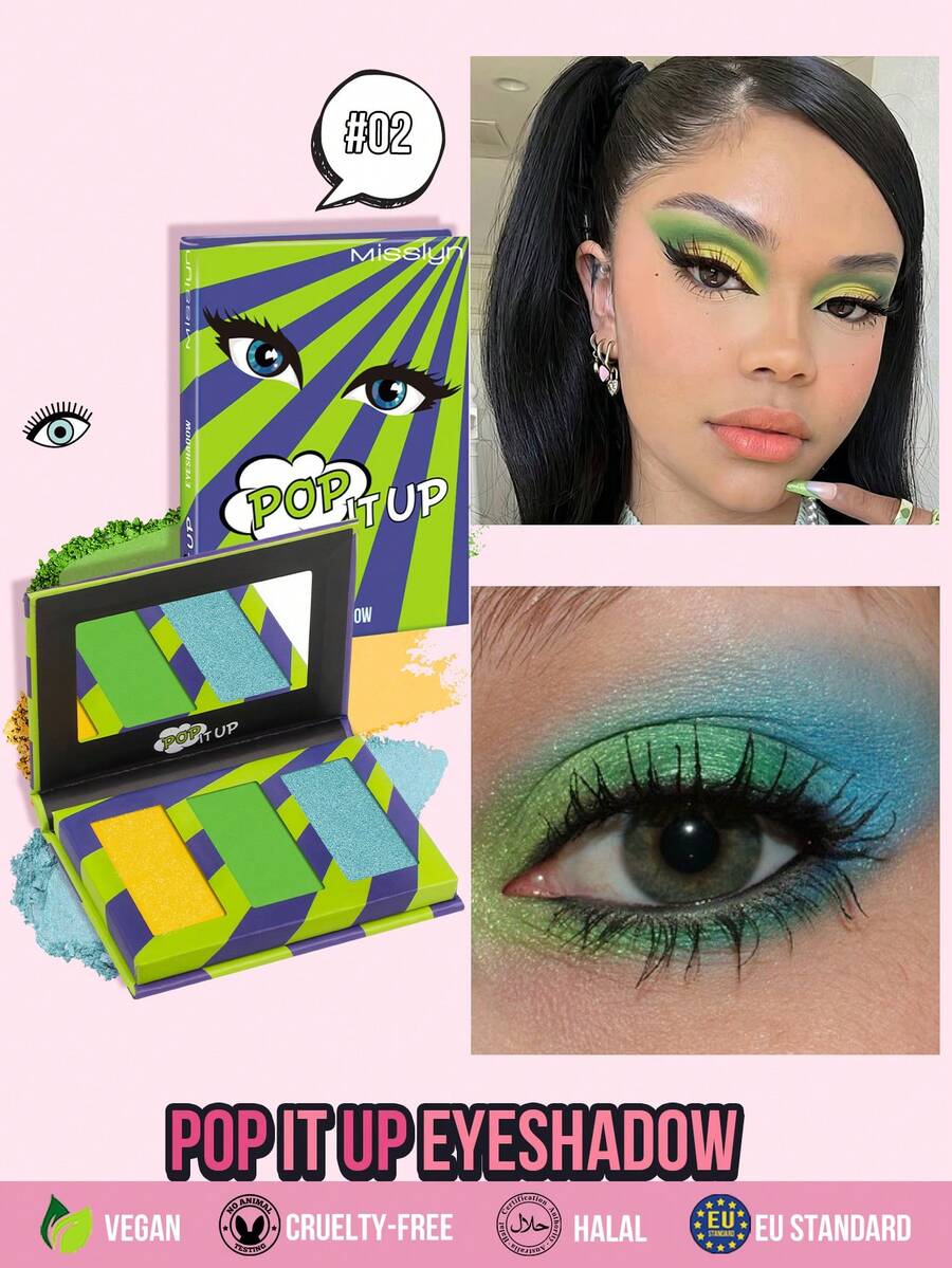 Misslyn 1pc UP 3-Color Eyeshadow Palette, Matte & Shimmer Glitter Combination With Mirror, High Pigment Soft Texture, Suitable For Sensitive Skin, Easy To Mix And Match For Multi-Dimensional Makeup Look, Y2K New Year Party Makeup, Daily Commute Trave - #02 Green Wild Fairy - View 1