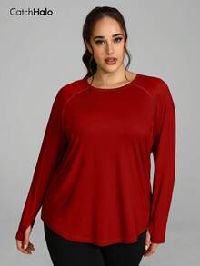 Tee-shirt de sport à manches longues pour femmes grandes tailles, avec trou pour le pouce, col rond, ourlet arrondi, coupe ample, doux et confortable, convient pour le fitness et le yoga - Rouge - Voir 6