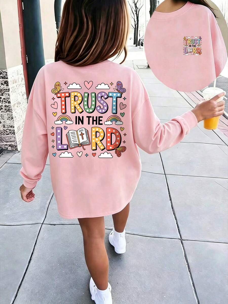 Tween Girls Cute Rainbow Butterfly & Letter Print Crew Neck Sweatshirt, Soft Casual Long Sleeve Pullover For 8-12Y - Pink - View 1