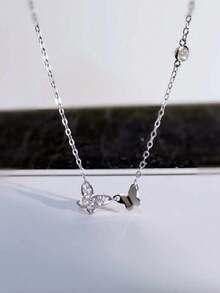 1pc S925 Sterling Silver Ins Mori Style Fresh Rhinestone Double Butterfly Thin Necklace Elegant Luxury Elegant Personalized Exquisite Daily Casual Versatile Fashion Sweet Cute Petite Gentle Aesthetic Atmosphere Clavicle Chain Valentine's Day Gift - Butterfly - View 3