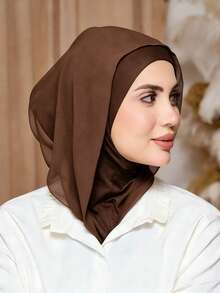 1pc Women's Solid Color Balaclava Chiffon Base Layer Headscarf Neck Warmer Elastic Cap Hijab Caps Turban Breathable Comfortable Elastic Wide Brim Sweat-Absorbing Non-Slip Multi-Functional Sports Headwrap Cap Inner Lining Scarf, Minimalist Fashion Scarf, Hood And Matching Chiffon Headscarf, 2-In-1, Wear It And Easily Get Ready, Instantly Fashionable For Going Out - Coffee Brown - View 4