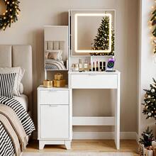Dressing Table Set With Mirror And Stool, Adjustable LED Light Vanity Table, 3 Drawers Makeup Desk With Sliding Mirror - White - View 5