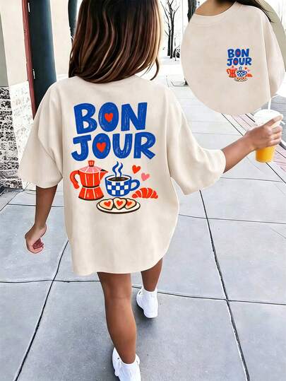 Teen Girls Loose Crew Neck T-Shirt, Lovely Bonjour Letter Coffee Croissant Double Print Breathable Casual Daily Short Sleeve Top