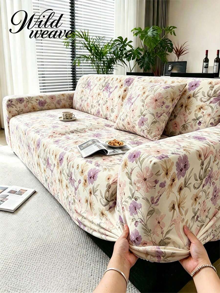 1件水彩花卉印花牛奶絲沙發套，高彈性防塵可水洗沙發套，適用於四季，以及1件未填充裝飾枕套，適合露台、花園、泳池邊、各種場合、夏季休閒