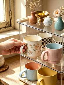 Multi-Layer Acrylic Cup Rack, Vintage Tabletop Mug Holder, 2/3 Tier Countertop Organizer, Dual-Use Vanity Makeup Tray, Detachable Easy-Clean Stand For Kitchen, Bar, Dresser, Holds Mugs, Teacups, Cosmetics, Jewelry & Bathroom Items - Multicolor - View 5