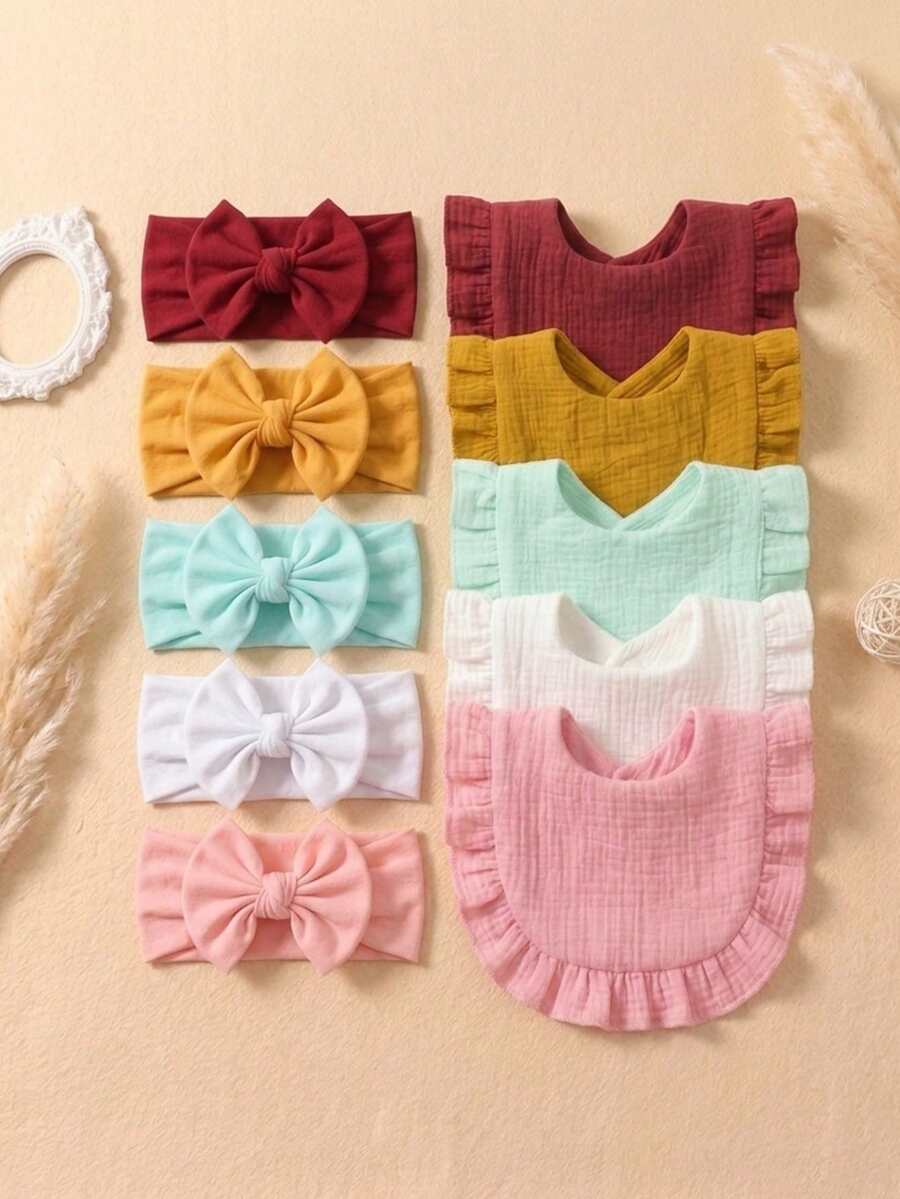 10件組新生兒3D蝴蝶結髮帶 + 百褶紋理嬰兒圍兜,極簡奶系多色嬰兒囟門保護髮飾套組,適合四季日常使用 - 彩色 - 查看 1