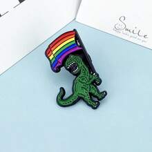1件同性戀驕傲恐龍琺瑯胸針，T-Rex手持彩虹旗金屬徽章附安全針，LGBTQ+支持者聲明飾品禮物 - 彩色 - 查看 1