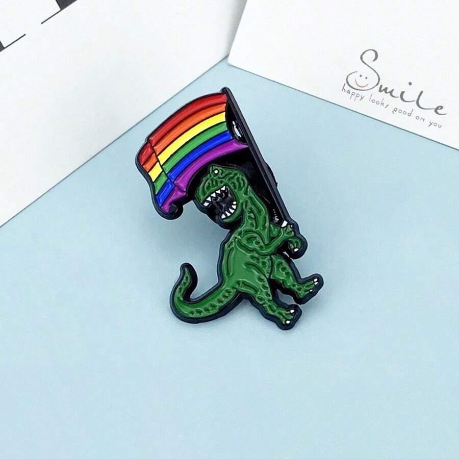 1件同性戀驕傲恐龍琺瑯胸針，T-Rex手持彩虹旗金屬徽章附安全針，LGBTQ+支持者聲明飾品禮物 - 彩色 - 查看 1
