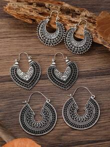 Bộ 3 đôi hoa tai hình học rỗng Boho phương Tây cổ điển, phù hợp cho phụ nữ đeo hàng ngày - Màu Bạc Cổ - Xem 7