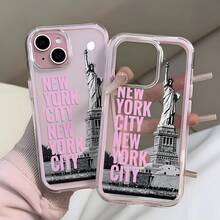 1PC New York Statue Of Liberty Pattern Colorful Pink Frame 2-In-1 Phone Case, Compatible With Apple 17 16 15 14 13 12 11 Plus Pro Max Series, Personalized Ins Style Protective Cover, Fashion - Multicolor - View 1
