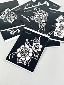 Tiebeauty 8件組海娜紋身模板，花卉曼陀羅風格海娜彩繪模板，可重複使用，適用於臨時身體藝術，適合節慶、婚禮、派對場合 - 黑色 - 查看 8