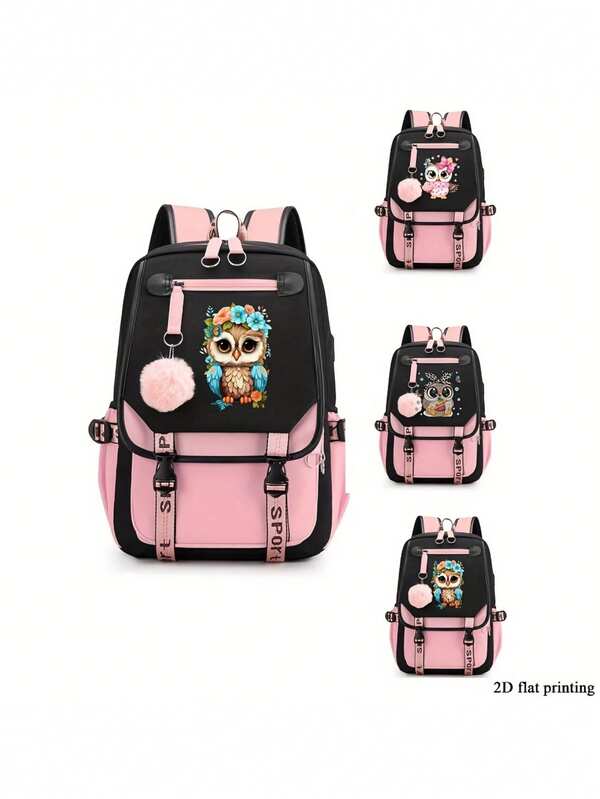 1 Stück Schulanfang Rucksack mit großem Fassungsvermögen, lässig und vielseitig, süßer Cartoon-Eulen-Muster, Nylonmaterial, Reißverschluss, verstellbare Schultergurte, geeignet für den täglichen Gebrauch, Ausflüge, Einkaufen, Schule