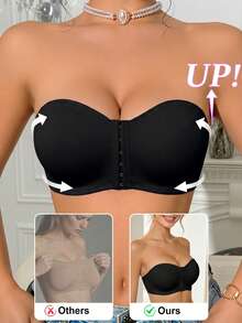 Front Closure Strapless Push-Up Bra, Seamless Wire-Free Support Black Bandeau, Invisible Comfortable Thick Padded Bra, Suitable For Cold Shoulder Outfits - Black - View 2