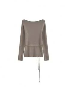 Design Triangle Cut Off-Shoulder Ruched Tie Long Sleeve Knit Top - Mocha Brown - View 7