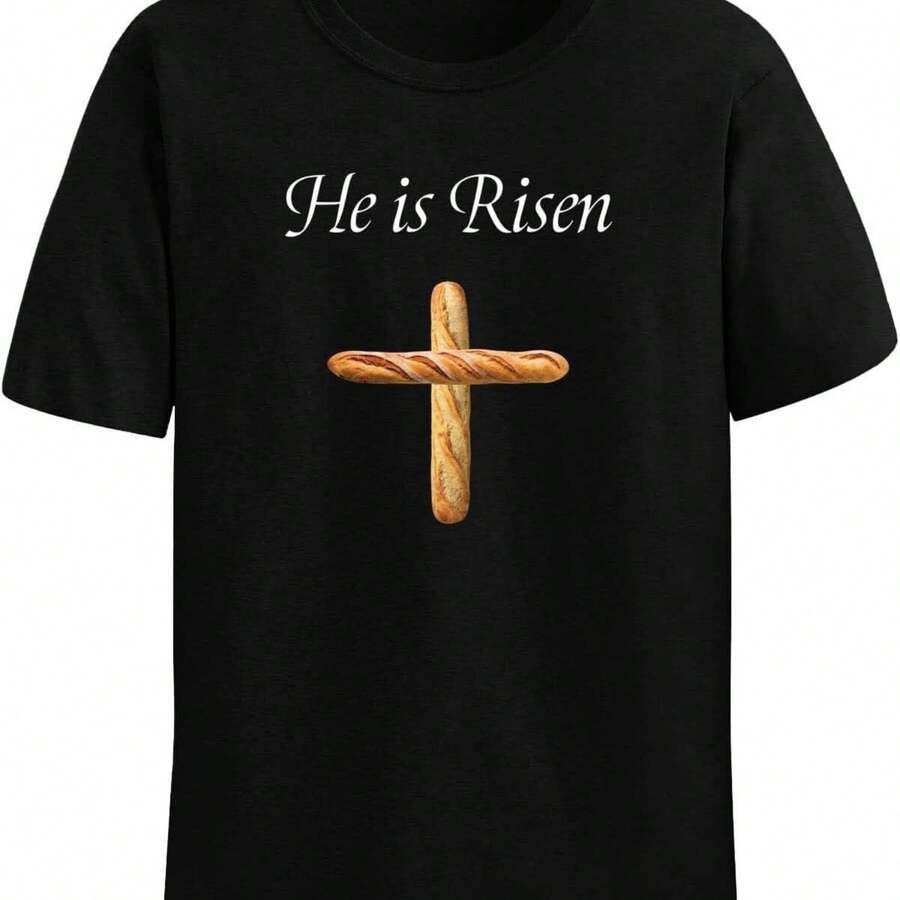 He Is Risen Bread Novelty T-Shirt Christian Easter Faith Based Humor Funny French Baguette Graphic Tee - Black - View 1