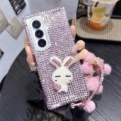 Full Rhinestone 3D Rabbit Foldable Phone Case With Chain Strap, Compatible With Samsung Galaxy Z Fold 4 5G/Galaxy Z Fold 5 5G/Galaxy Z Fold 6 5G/Galaxy Z Fold 7 5G, Premium Luxury Foldable Protective Shell, Suitable As Birthday Gift, Holiday Gift