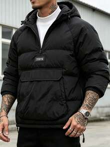 Abrigo acolchado con capucha de unicolor de manga larga con bolsillos grandes para hombre, otoño/invierno - Negro - Ver 1