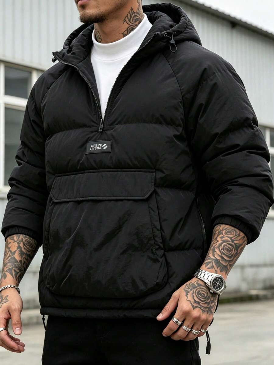 Abrigo acolchado con capucha de unicolor de manga larga con bolsillos grandes para hombre, otoño/invierno - Negro - Ver 1