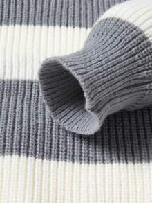 Men's Striped Polo Neck Knit Sweater Fashion Color Block Semi-Open Casual Pullover - Grey - View 8