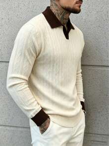 Men's Slim Fit Versatile Comfortable Knit Polo Long Sleeve Top - Apricot - View 6