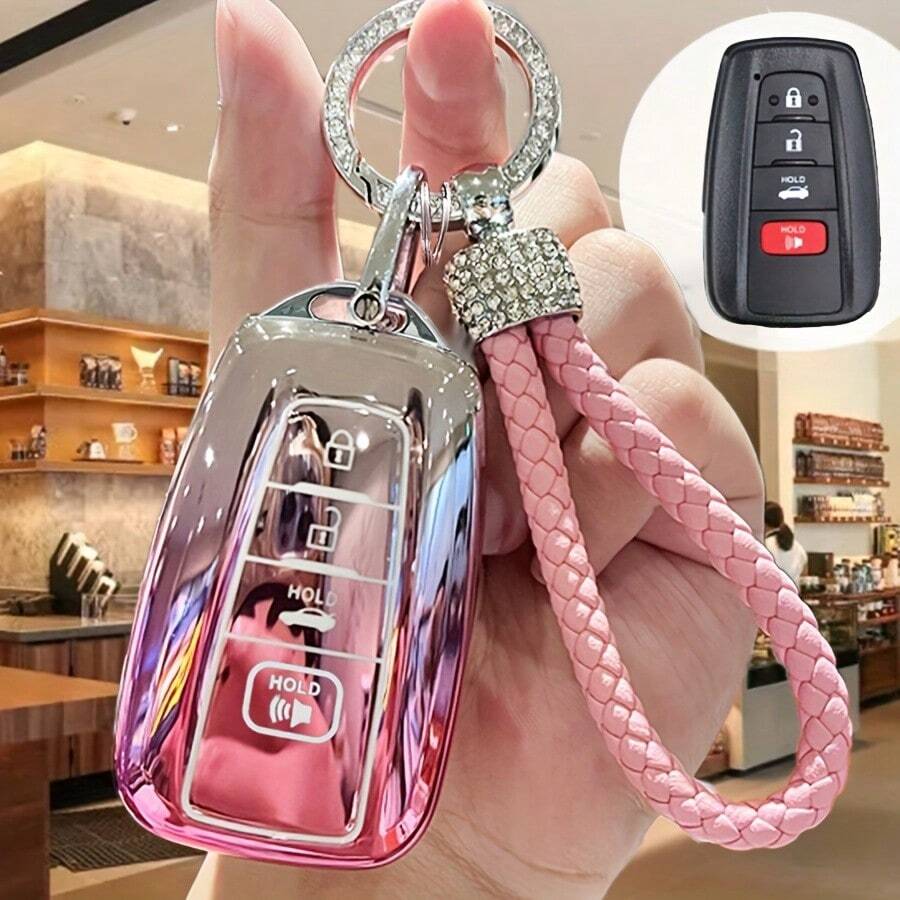 Funda de llave de coche de TPU con color degradado y llavero, funda protectora de cobertura completa de 4 botones, adecuada para 2018-2022 RAV4 Camry Corolla Avalon C-HR Prius GT86 Highlander, protector de llave inteligente antiarañazos - 1 unidad - Ver 1