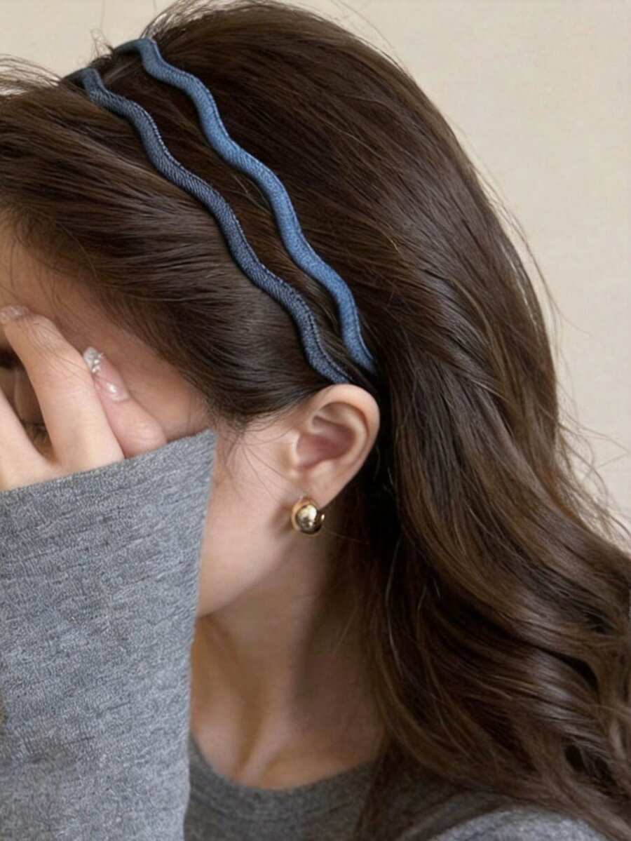 2 piezas/1 pieza Diadema de mezclilla ultra delgada con ondas para mujeres, clip de cabello versátil, nuevo estilo primavera/verano, diseño de corona alta, apariencia premium - Azul - Ver 1