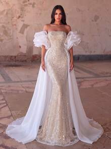 Elegante vestido de sirena sin tirantes, mangas con volantes esponjosos, corte ajustado para boda de otoño - Blanco - Ver 4