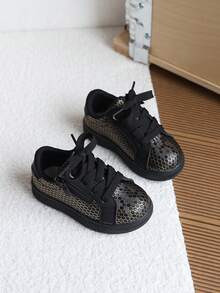 1 Pair Unisex Kids Honeycomb Glossy Side Zipper White Sneakers, Spring/Autumn New Style, Non-Slip Soft Sole, Casual Skate Shoes, Lightweight Luxury Versatile Campus Sports Shoes For Toddlers And Young Children - Black - View 2