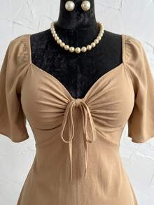 Plus Size Short Princess Dress, Loose Fit, With Gathered Neckline And Short Sleeves, Elegant, Sizes 46 To 56 - Beige - View 6