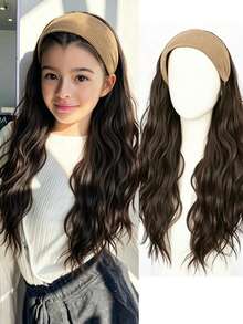 Perruque demi-perruque synthétique 24 pouces avec bandeau, cheveux ondulés volumineux, accessoires capillaires pour enfants - Multicolore - Voir 2