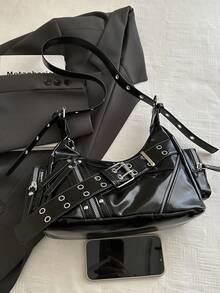 Fashion Women's Bag Studded Motorcycle Bag New Crescent Bag Street Style Versatile Shoulder Bag Underarm Bag - Black - View 2