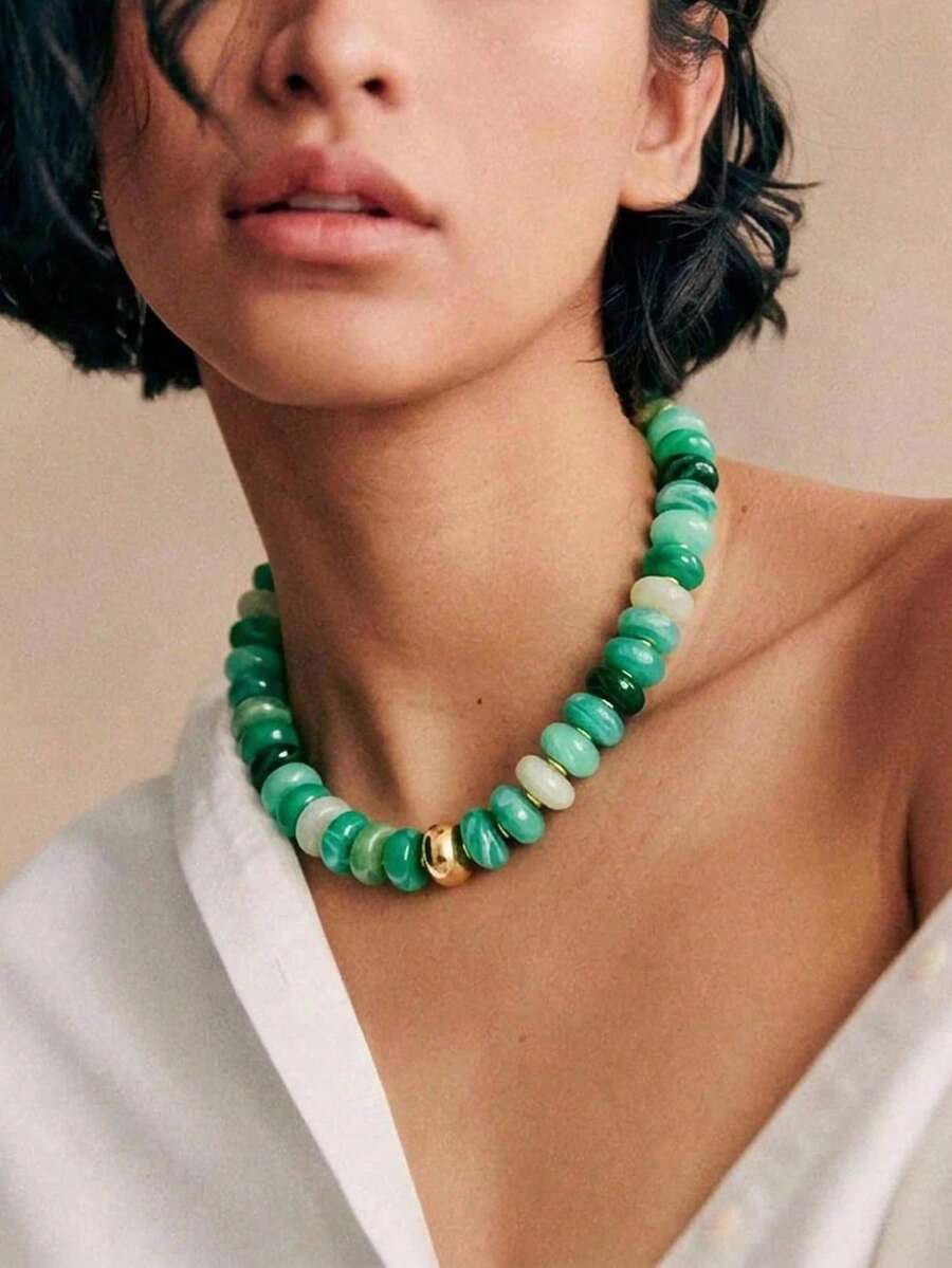 1件時尚Y2K綠色大橢圓珠女款串珠項鍊，海灘度假禮物，適合女性日常穿搭 - 彩色 - 查看 1